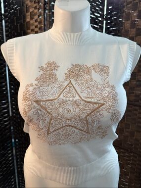 White Sleeveless Knit Tank with Gold Star Embroidery